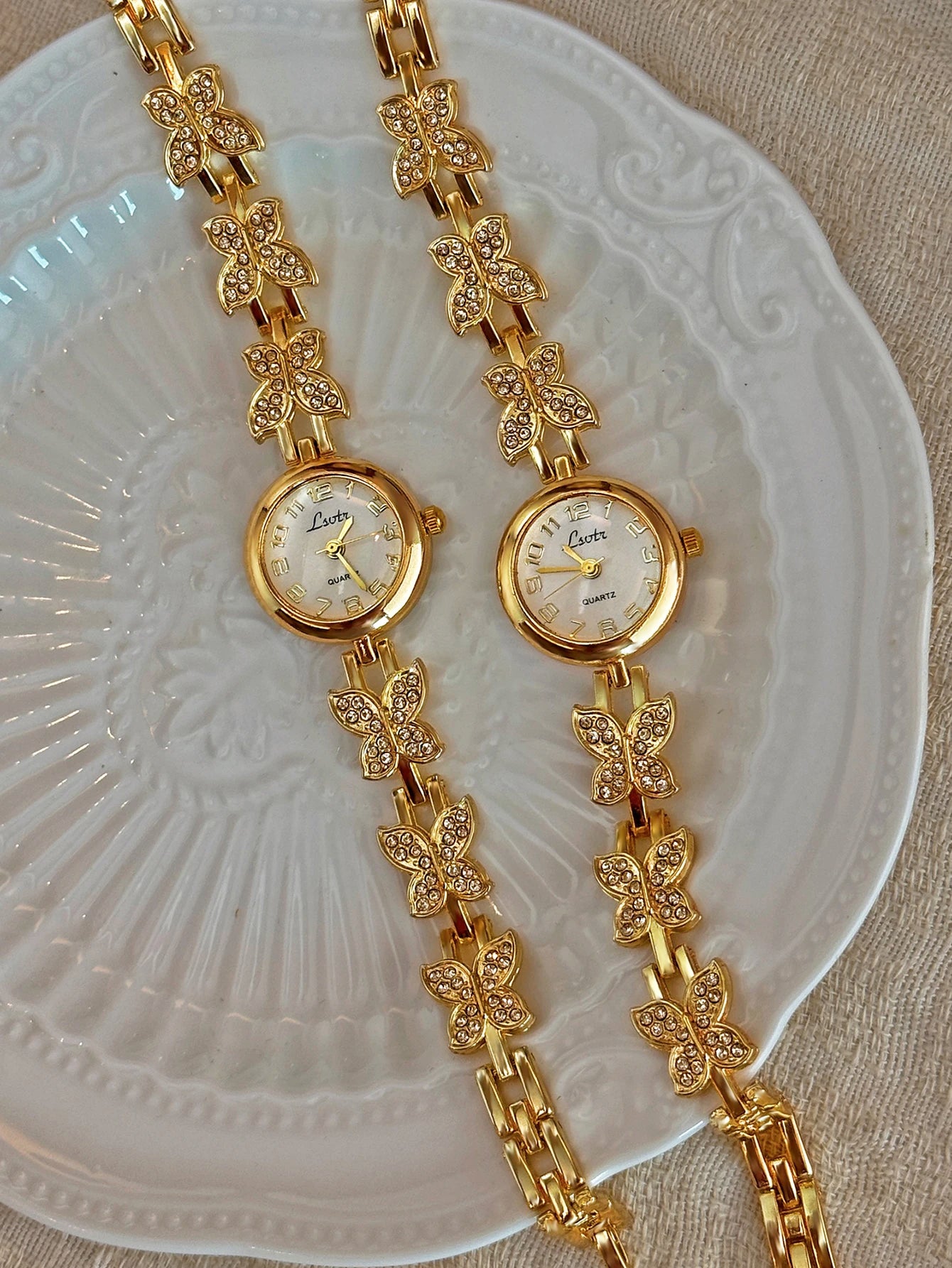 Fransız Altın Kelebek Kadın Saati - Rhinestone Tasarım