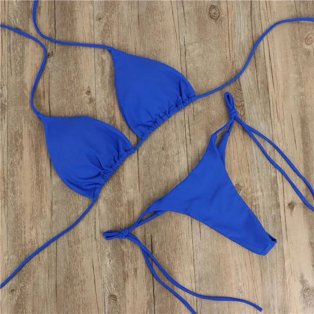 Solid Color Hanging Neck Style Lace-Up Bikini Women's Sexy Split Binding Triangle Beach Swimsuit No Steel Bracket No Chest Pad