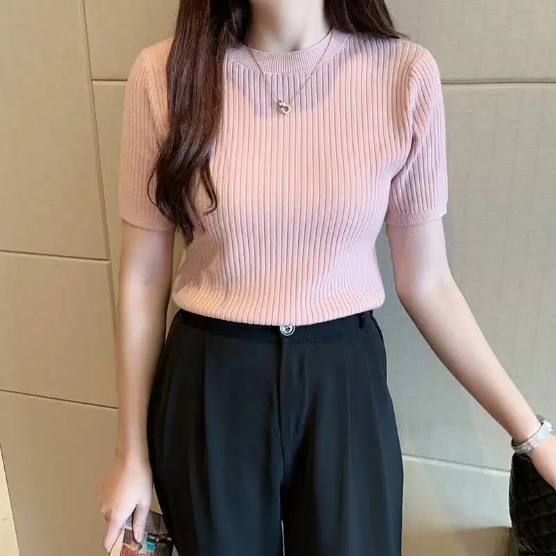 Knitted Sweater Women Pullovers New Black Short Sleeve Sueters De Mujer Knit Sweater Pullover Women Tops O-Neck Knitwears Q3426