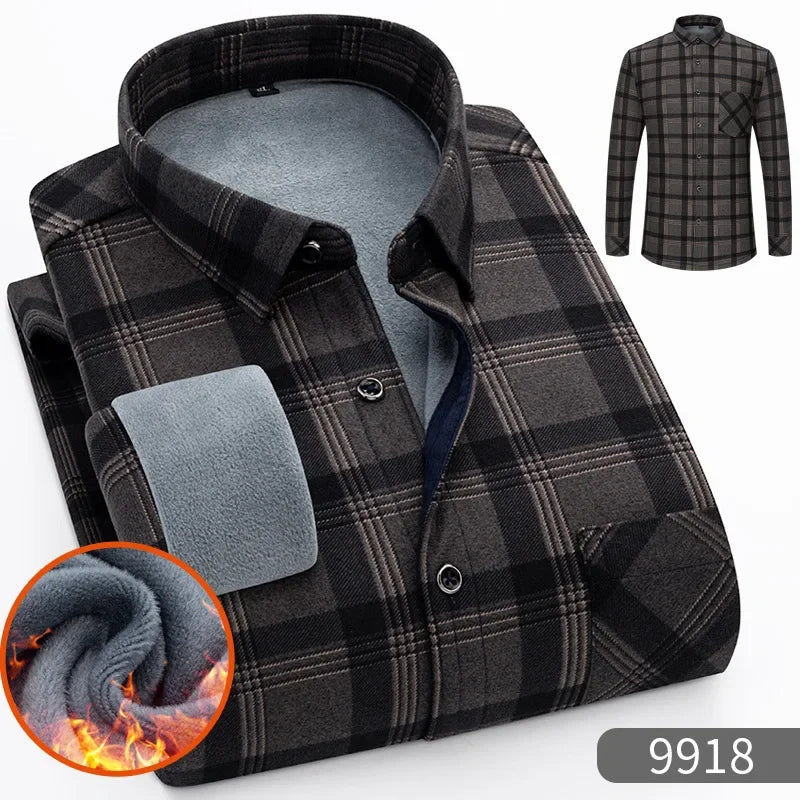 New 2025 Men's Warm Long Sleeve Plaid Design Shirt Autumn Winter Fleece and Thick Warm Men's Casual Shirts Large Size Shirt 5XL