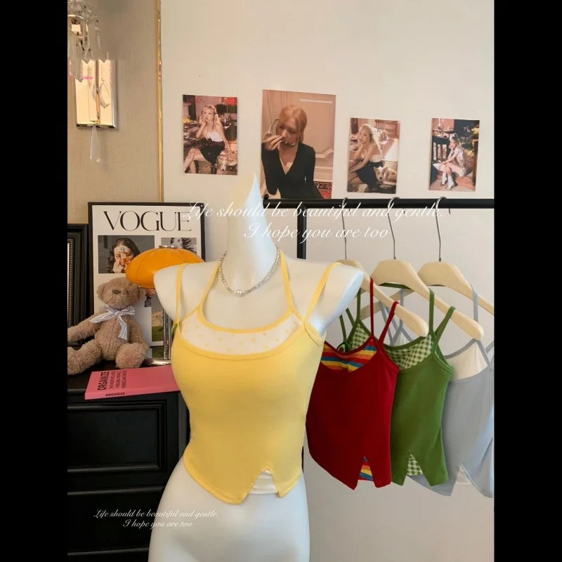 Summer Beach Vacation Women's Sleeveless Neck Hanging Top Breathable Short Length Micro Elastic Pure Color Embroidered Crop Top