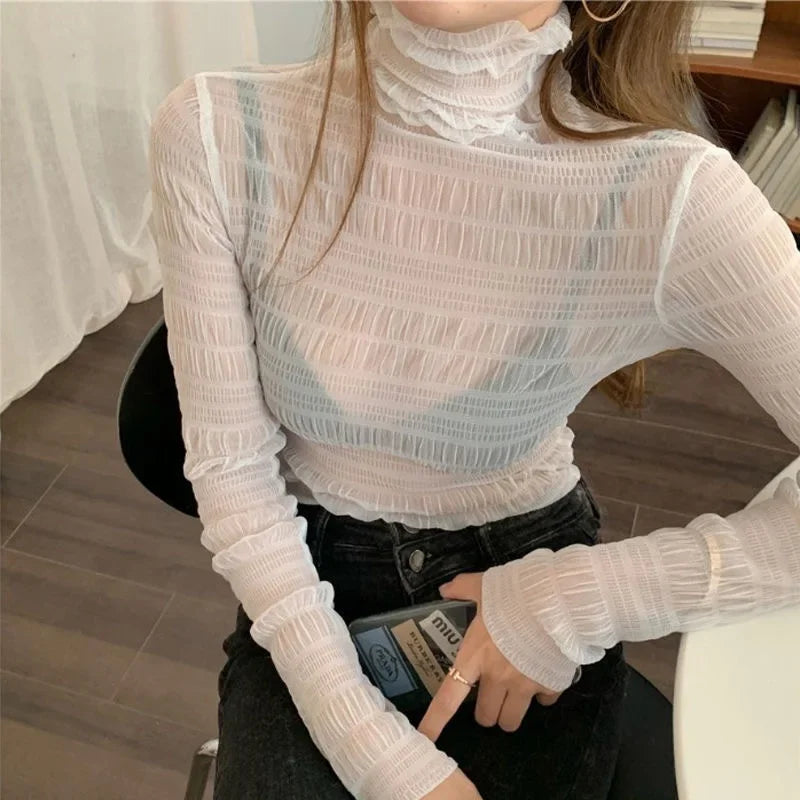Y2K Dantel Şeffaf Mesh Tişört - Yüksek Yaka Uzun Kollu Seksi İç Giyim