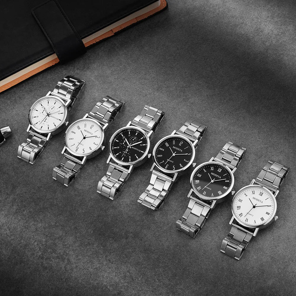 2PCS Men's Watch Casual Silver Alloy Band Male Quartz Watches Bracelet Set（Without Box）