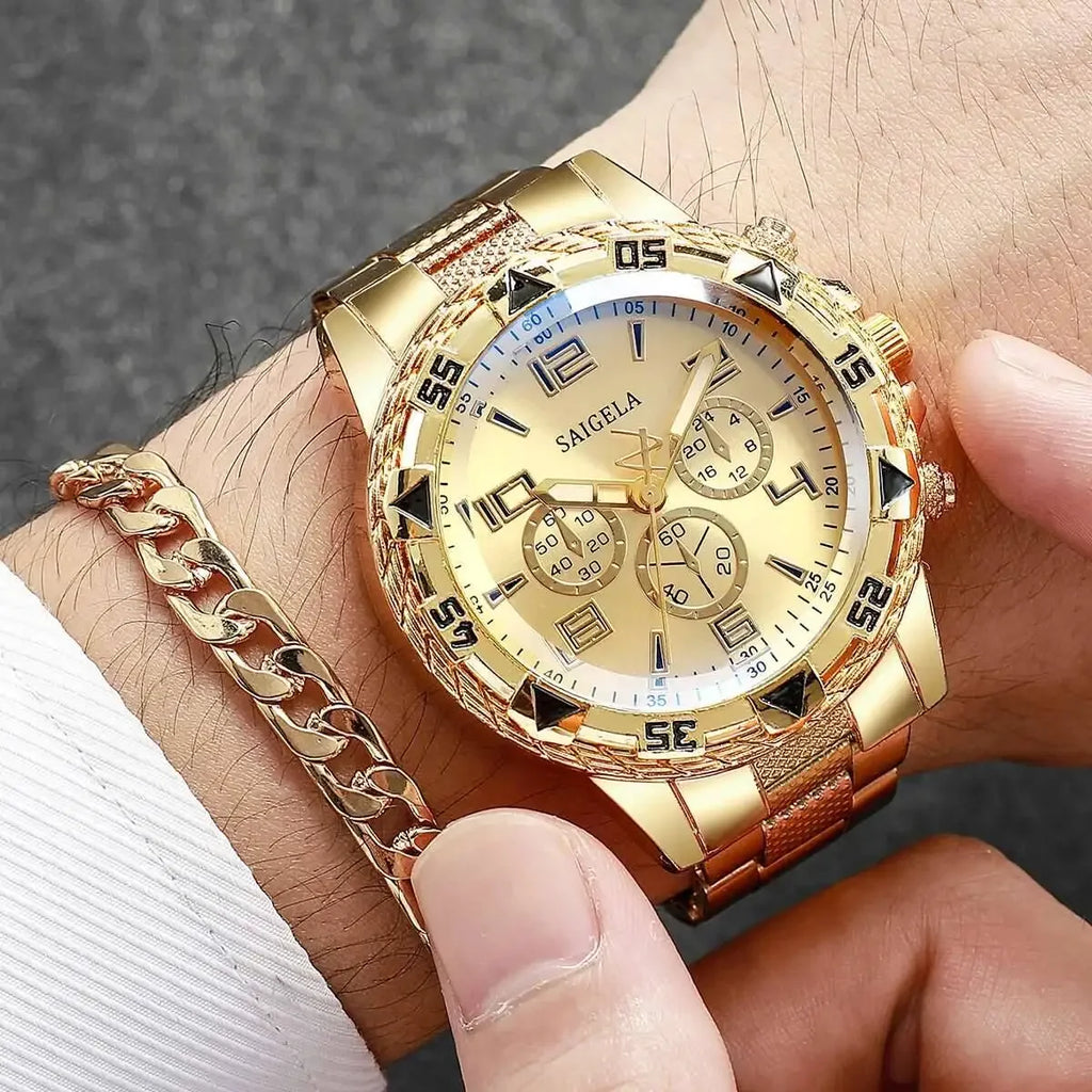 3PCS/Set Fashion Large Dial Men's Quartz Watch Luxury Men Business Watches Necklace Bracelet Set Relogio Masculino（Without Box）