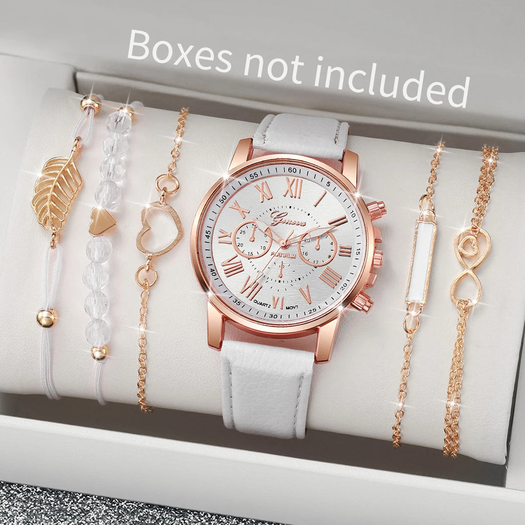 Surprise Mystery Watch Set Blind Box- 6PCS Fashion Women Watches Bracelets Set Casual Leather Band Wristwatches（Without Box）