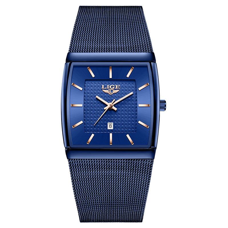 LIGE Top Luxury Watch For Men Stainless Steel Mesh Date Waterproof Luminous Man Wristwatch Casual Rectangle Quartz Men's Watches