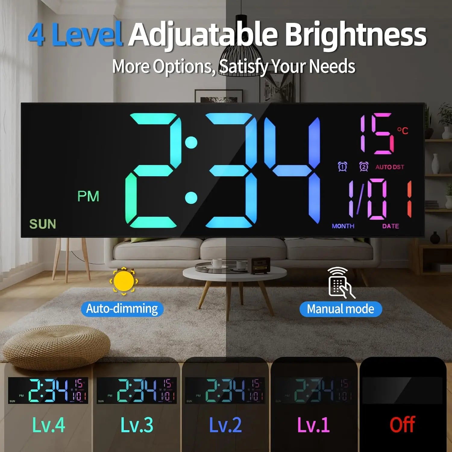 Büyük Dijital Duvar Saati | LED Ekran | Uzaktan Kumandalı | 8 RGB Renk | Çift Alarm