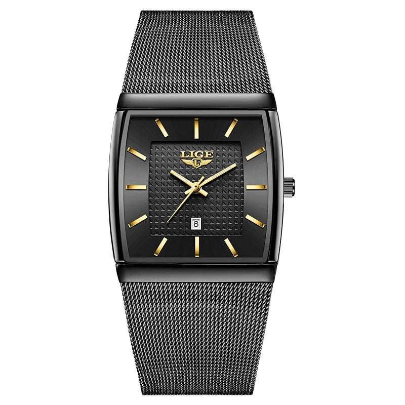 LIGE Top Luxury Watch For Men Stainless Steel Mesh Date Waterproof Luminous Man Wristwatch Casual Rectangle Quartz Men's Watches