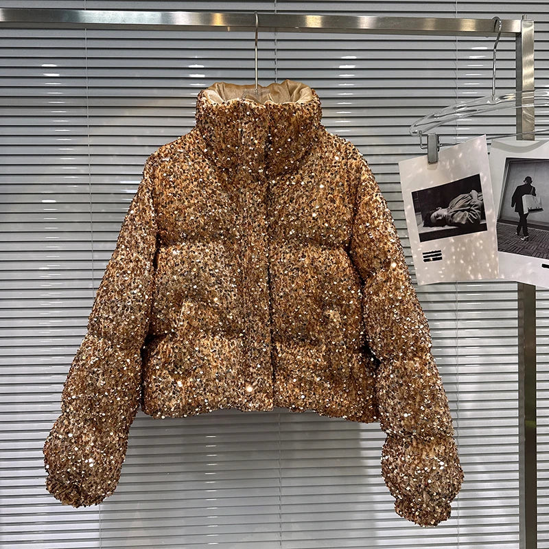 DEAT 2025 Winter New Fashion Heavy Industry Colorful Sequin Stand Collar Warm Jacket For Women Cotton-padded Coat 11A07258