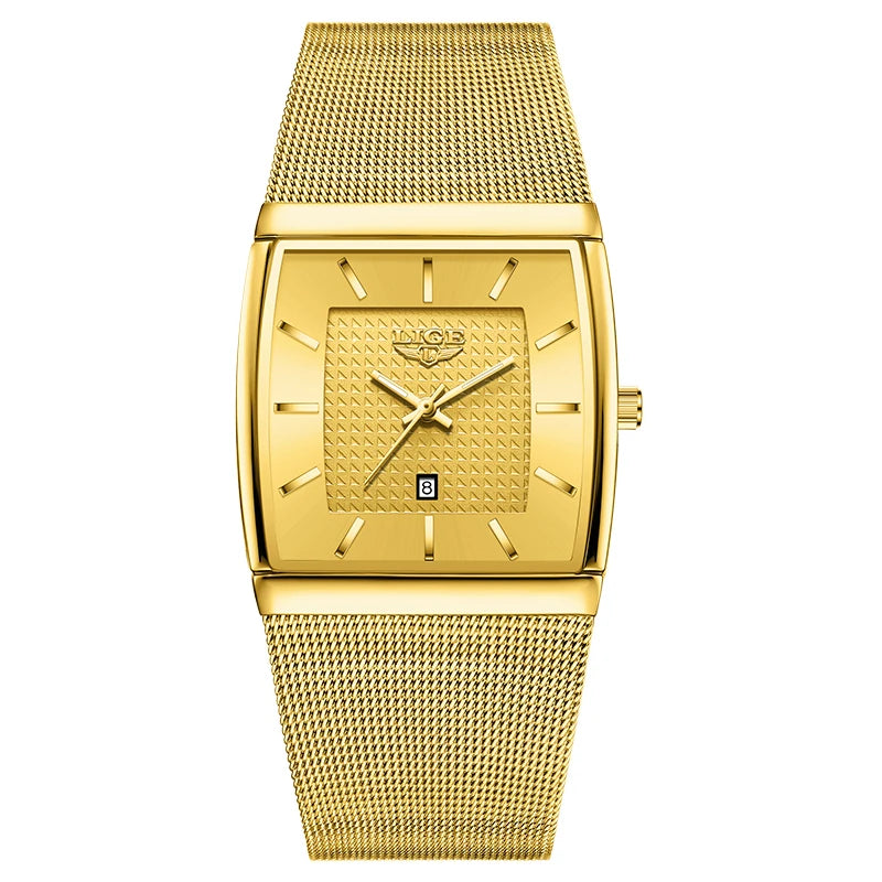 LIGE Top Luxury Watch For Men Stainless Steel Mesh Date Waterproof Luminous Man Wristwatch Casual Rectangle Quartz Men's Watches