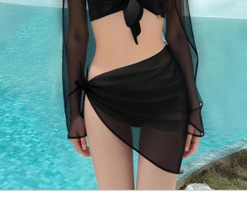 2026 New Women's Big Red Whitening Pure Desire Sexy Bikini Four Piece Set Long Sleeve Sunscreen Hot Girl Swimsuit