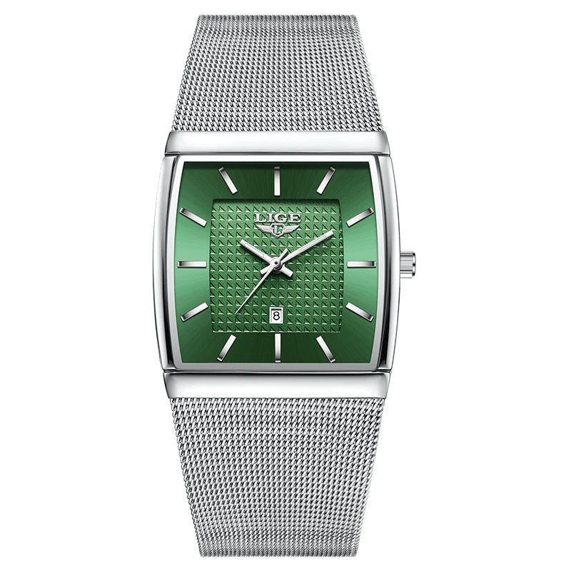 LIGE Top Luxury Watch For Men Stainless Steel Mesh Date Waterproof Luminous Man Wristwatch Casual Rectangle Quartz Men's Watches