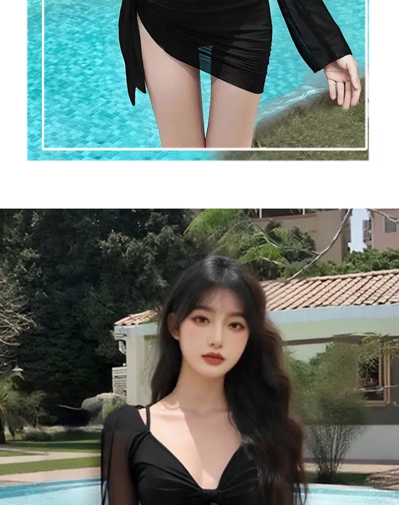 2026 New Women's Big Red Whitening Pure Desire Sexy Bikini Four Piece Set Long Sleeve Sunscreen Hot Girl Swimsuit