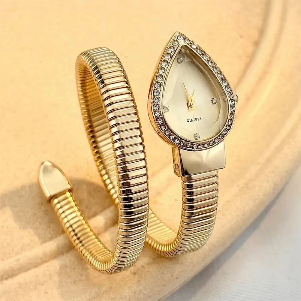 New Water Drop Headed Quartz Watch Stainless Steel Strap Elegant Wristwatch Bracelet Snake-shaped Band Watch Women's Watch