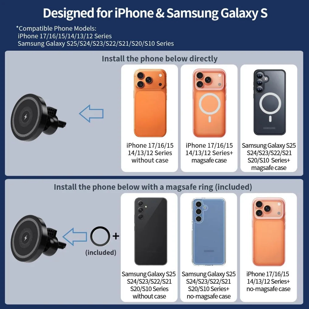 iPhone 17-12 MagSafe Uyumlu Araç İçi Manyetik Kablosuz Hızlı Şarj Tutucu