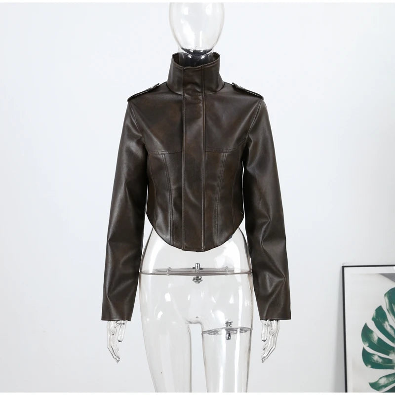 Casual Pu Leather Loose Women Jacket Belt Full Sleeve Stand Collar Zippers Female Coat 2026 Spring Autumn Lady Streetwears