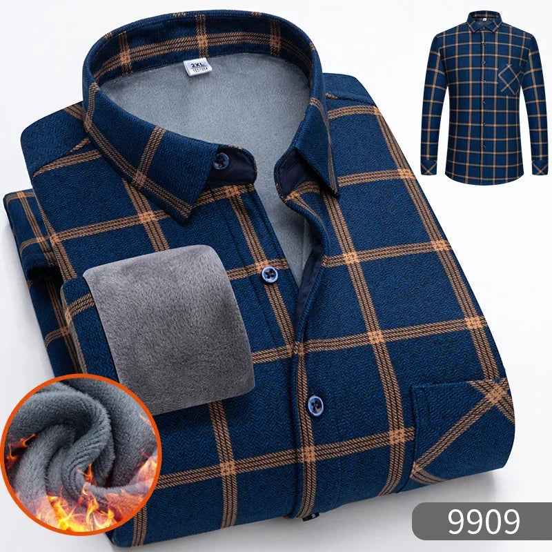 New 2025 Men's Warm Long Sleeve Plaid Design Shirt Autumn Winter Fleece and Thick Warm Men's Casual Shirts Large Size Shirt 5XL