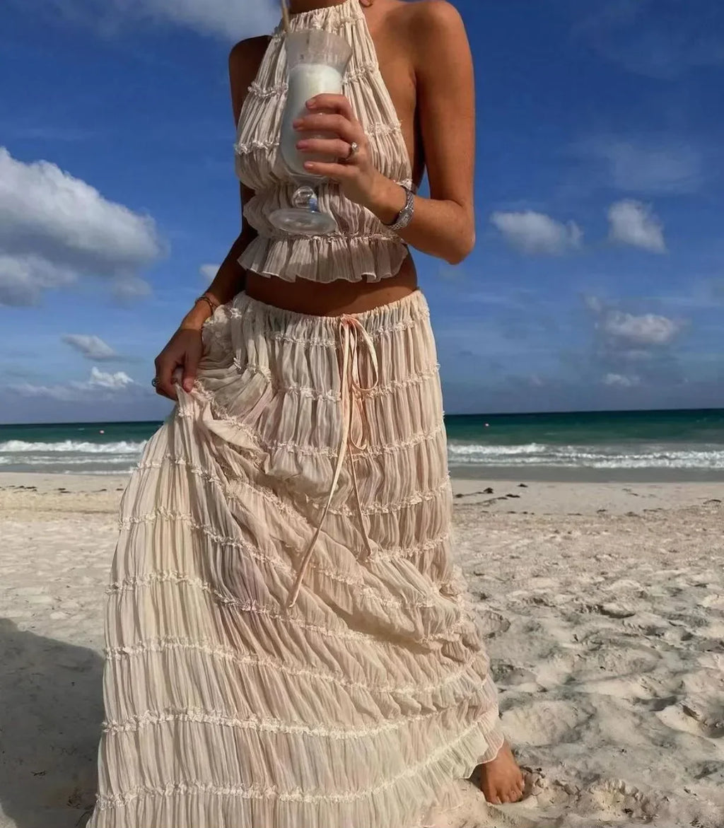 Summer New Sexy Halter Neck Pleated Lace Vest Dress Set for Women
