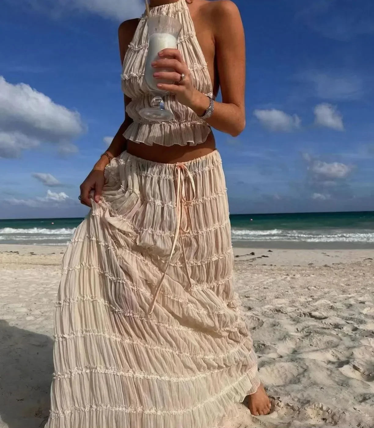 Summer New Sexy Halter Neck Pleated Lace Vest Dress Set for Women