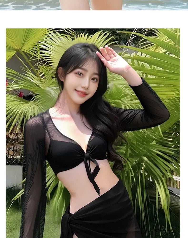 2026 New Women's Big Red Whitening Pure Desire Sexy Bikini Four Piece Set Long Sleeve Sunscreen Hot Girl Swimsuit
