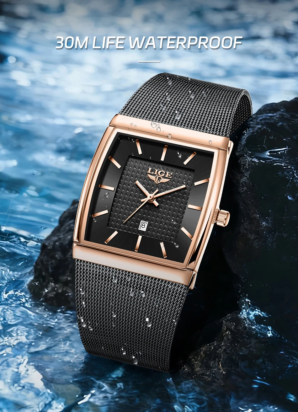 LIGE New Luxury Square Watch For Men Fashion Business Rose Gold Ultra Thin Mesh Waterproof Luminous Men's Quartz Wristwatches