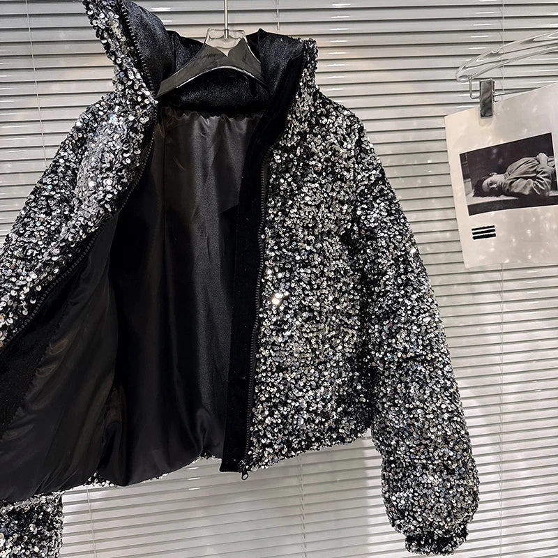 DEAT 2025 Winter New Fashion Heavy Industry Colorful Sequin Stand Collar Warm Jacket For Women Cotton-padded Coat 11A07258