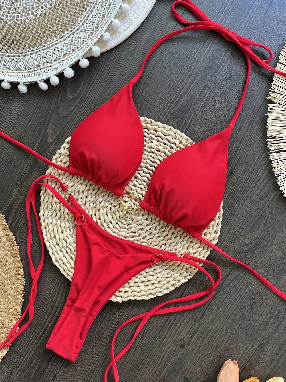 Women's Sexy Solid Halter Bikini Set Lace-Up Low Waist Two-Piece Triangle Thong Swimwear Leopard Tie On Side Brazilian Biquinis