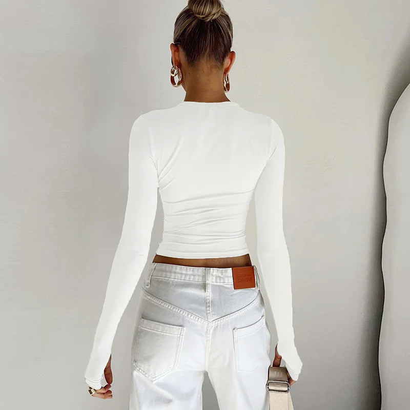 Moda Kadın Tişört Uzun Kollu Bisiklet Yaka Düz Renk Dar Kesim Bayan Crop Top Günlük Sokak Giyimi Yazlık Atlet Başparmak Delikli