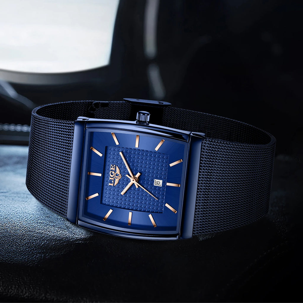 LIGE Top Luxury Watch For Men Stainless Steel Mesh Date Waterproof Luminous Man Wristwatch Casual Rectangle Quartz Men's Watches