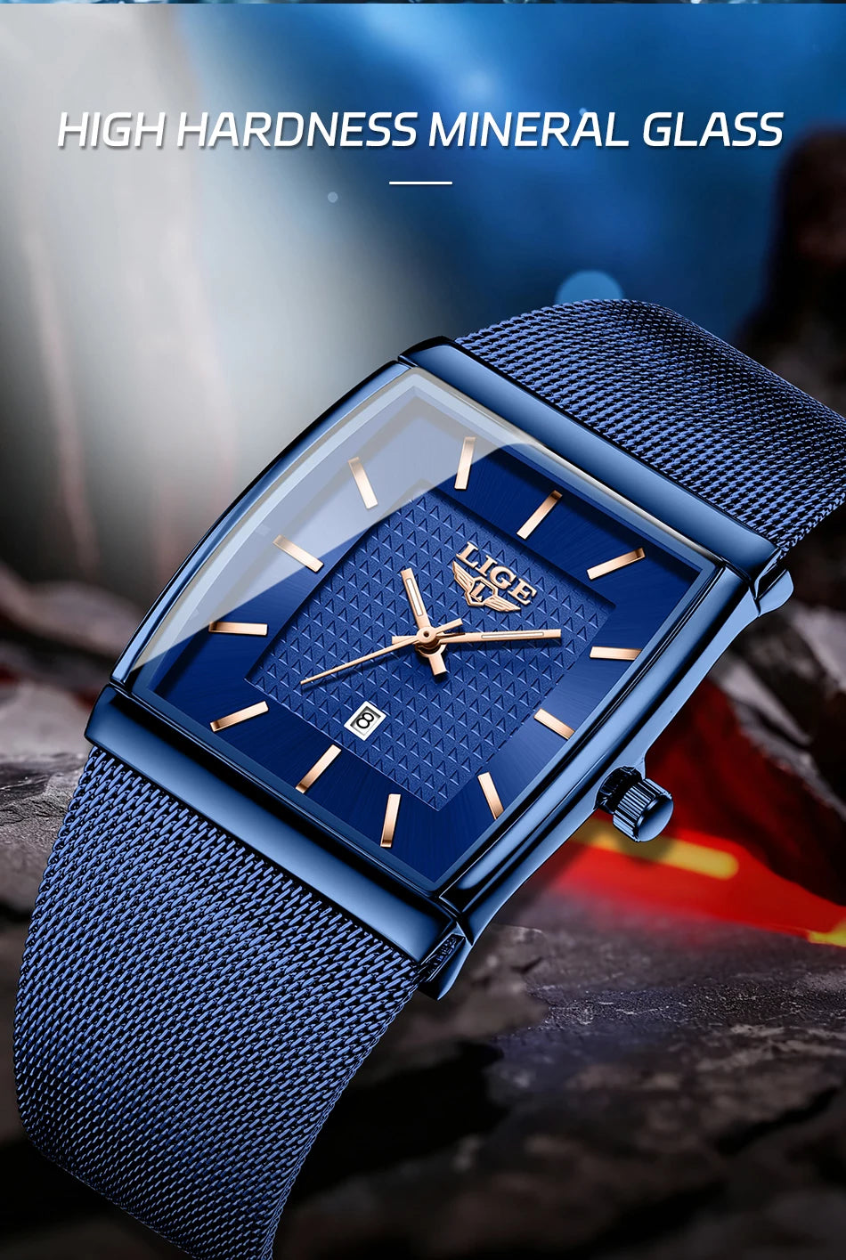 LIGE Top Luxury Watch For Men Stainless Steel Mesh Date Waterproof Luminous Man Wristwatch Casual Rectangle Quartz Men's Watches