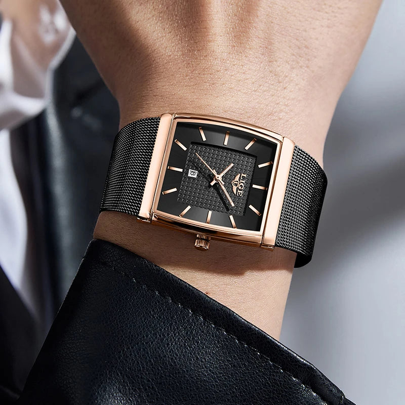 LIGE New Luxury Square Watch For Men Fashion Business Rose Gold Ultra Thin Mesh Waterproof Luminous Men's Quartz Wristwatches