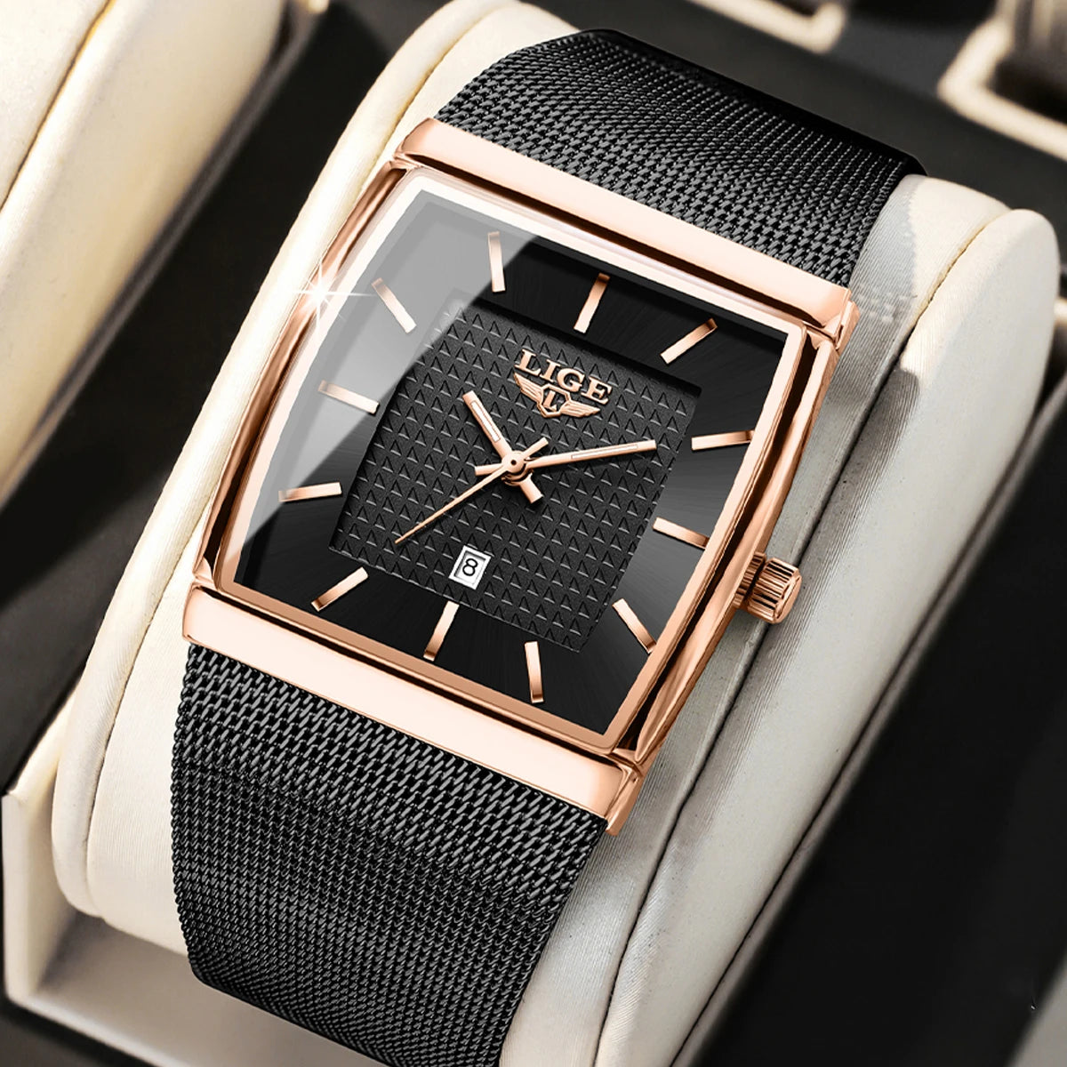 LIGE New Luxury Square Watch For Men Fashion Business Rose Gold Ultra Thin Mesh Waterproof Luminous Men's Quartz Wristwatches
