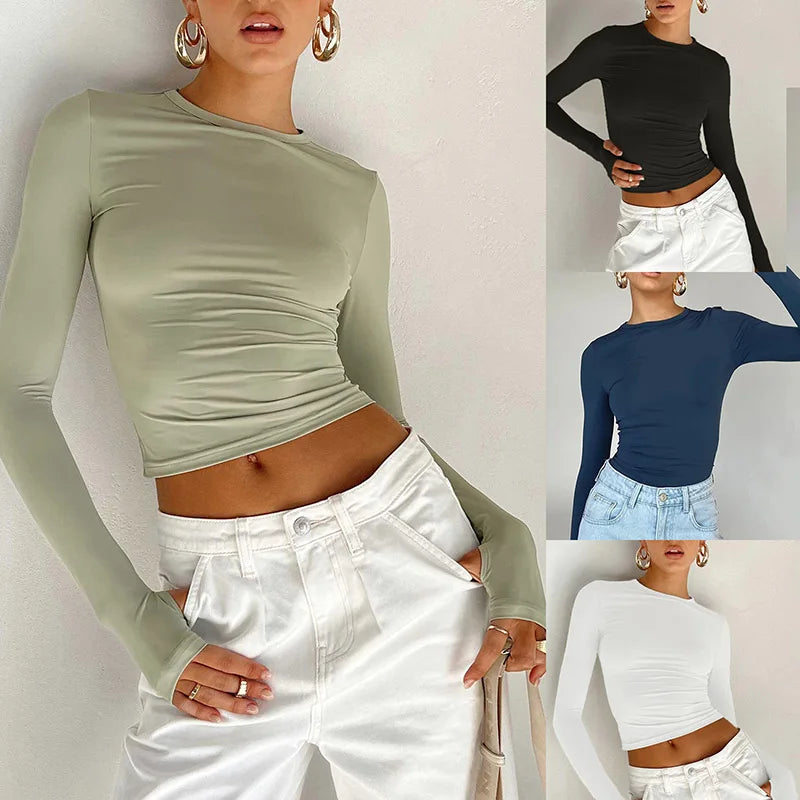 Moda Kadın Tişört Uzun Kollu Bisiklet Yaka Düz Renk Dar Kesim Bayan Crop Top Günlük Sokak Giyimi Yazlık Atlet Başparmak Delikli