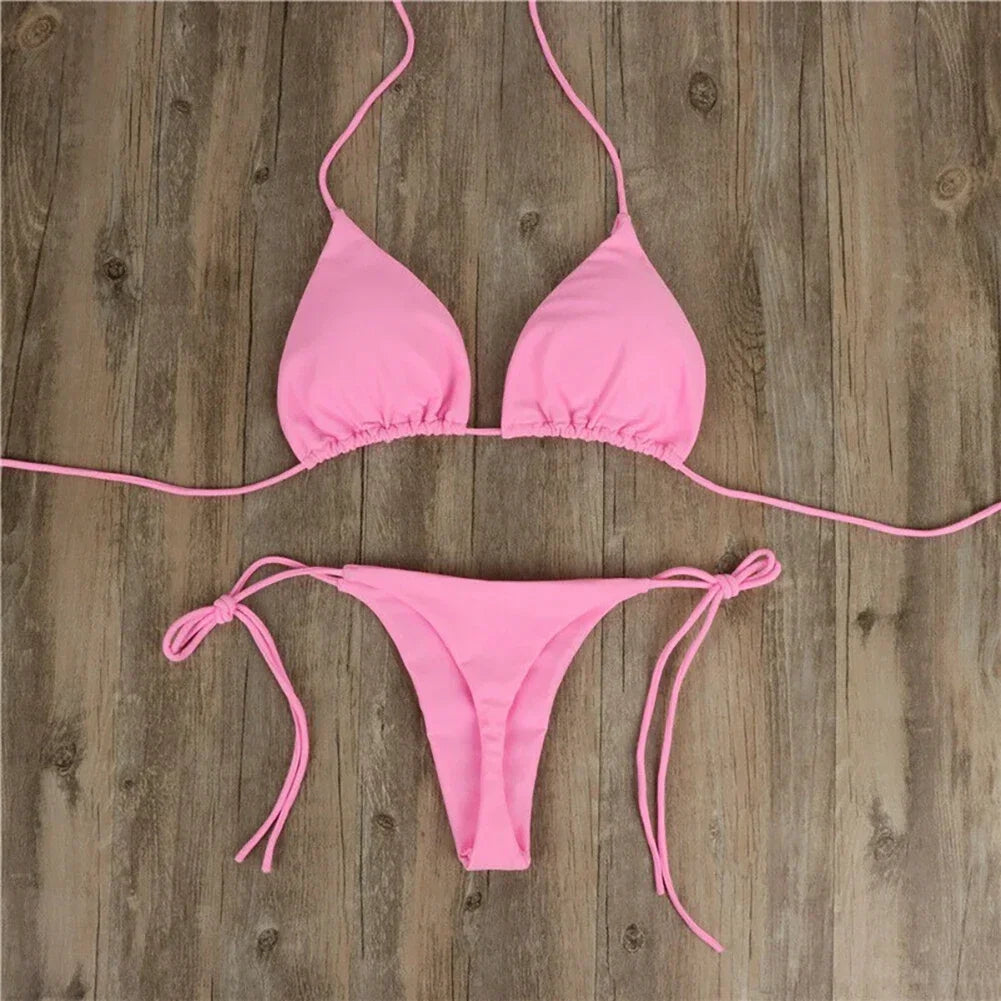 Solid Color Hanging Neck Style Lace-Up Bikini Women's Sexy Split Binding Triangle Beach Swimsuit No Steel Bracket No Chest Pad