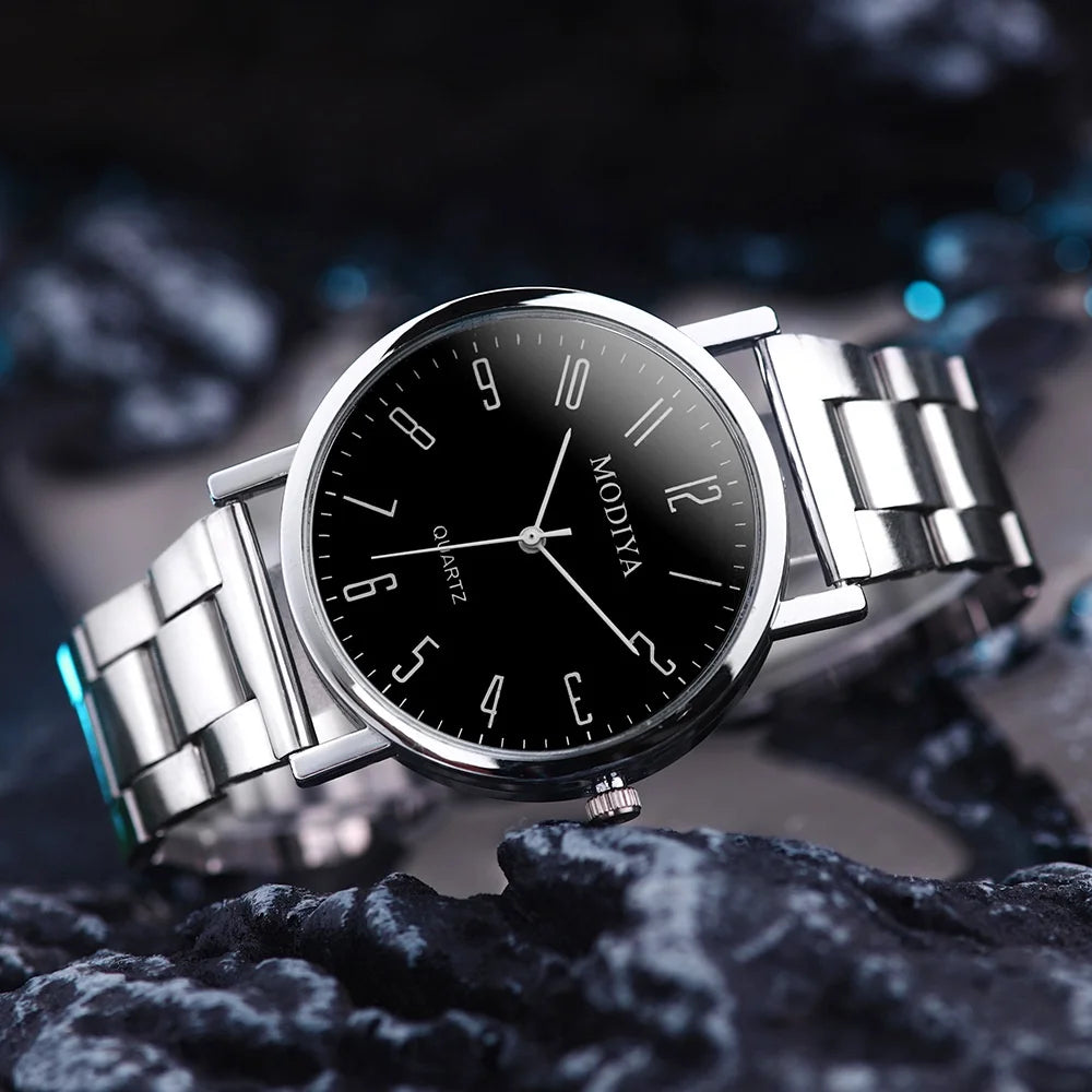 2PCS Men's Watch Casual Silver Alloy Band Male Quartz Watches Bracelet Set（Without Box）