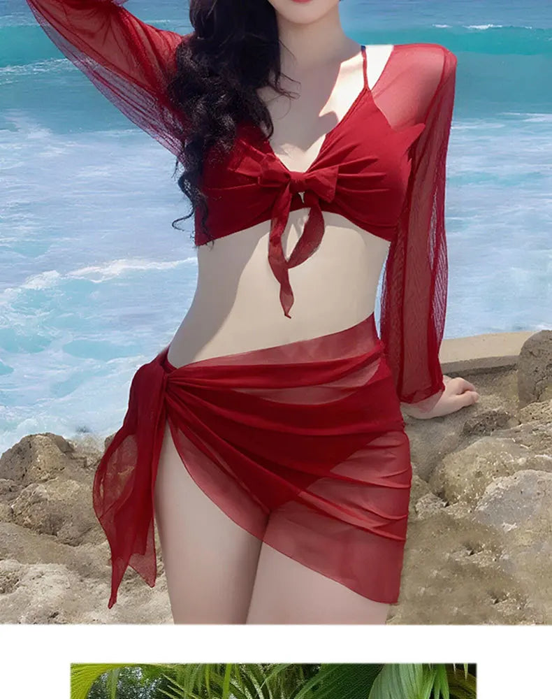 2026 New Women's Big Red Whitening Pure Desire Sexy Bikini Four Piece Set Long Sleeve Sunscreen Hot Girl Swimsuit