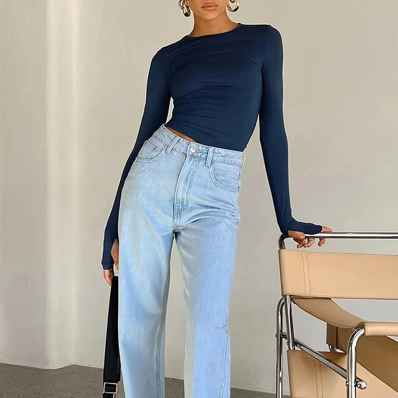 Moda Kadın Tişört Uzun Kollu Bisiklet Yaka Düz Renk Dar Kesim Bayan Crop Top Günlük Sokak Giyimi Yazlık Atlet Başparmak Delikli
