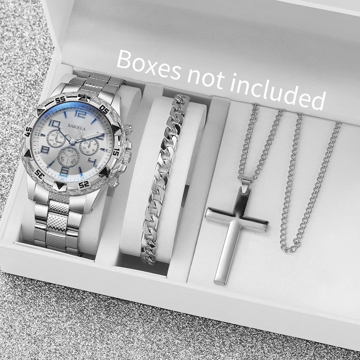 3PCS/Set Fashion Large Dial Men's Quartz Watch Luxury Men Business Watches Necklace Bracelet Set Relogio Masculino（Without Box）
