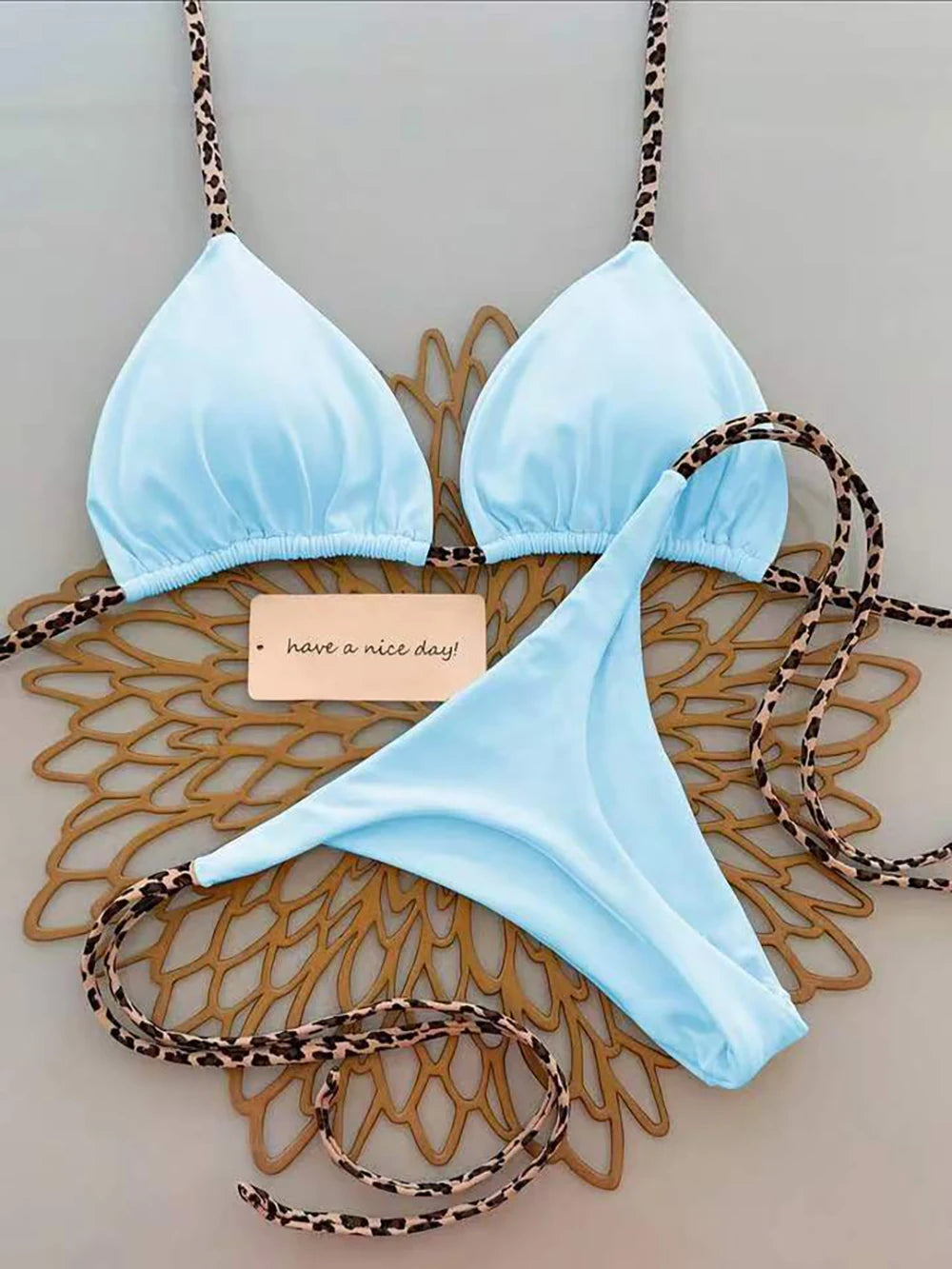 Women's Sexy Solid Halter Bikini Set Lace-Up Low Waist Two-Piece Triangle Thong Swimwear Leopard Tie On Side Brazilian Biquinis