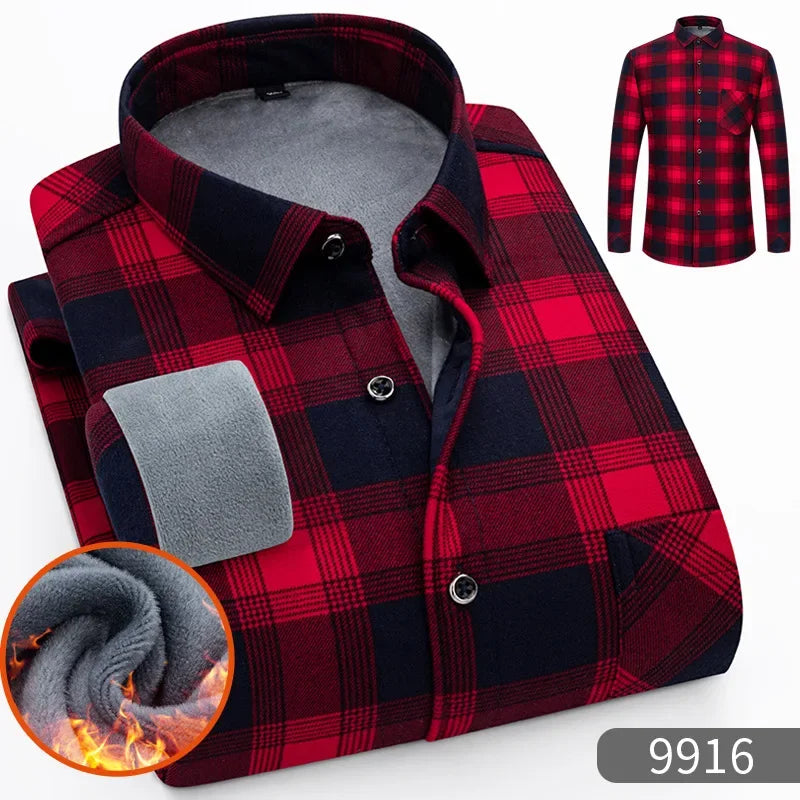 New 2025 Men's Warm Long Sleeve Plaid Design Shirt Autumn Winter Fleece and Thick Warm Men's Casual Shirts Large Size Shirt 5XL