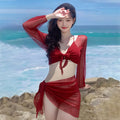 2026 New Women's Big Red Whitening Pure Desire Sexy Bikini Four Piece Set Long Sleeve Sunscreen Hot Girl Swimsuit