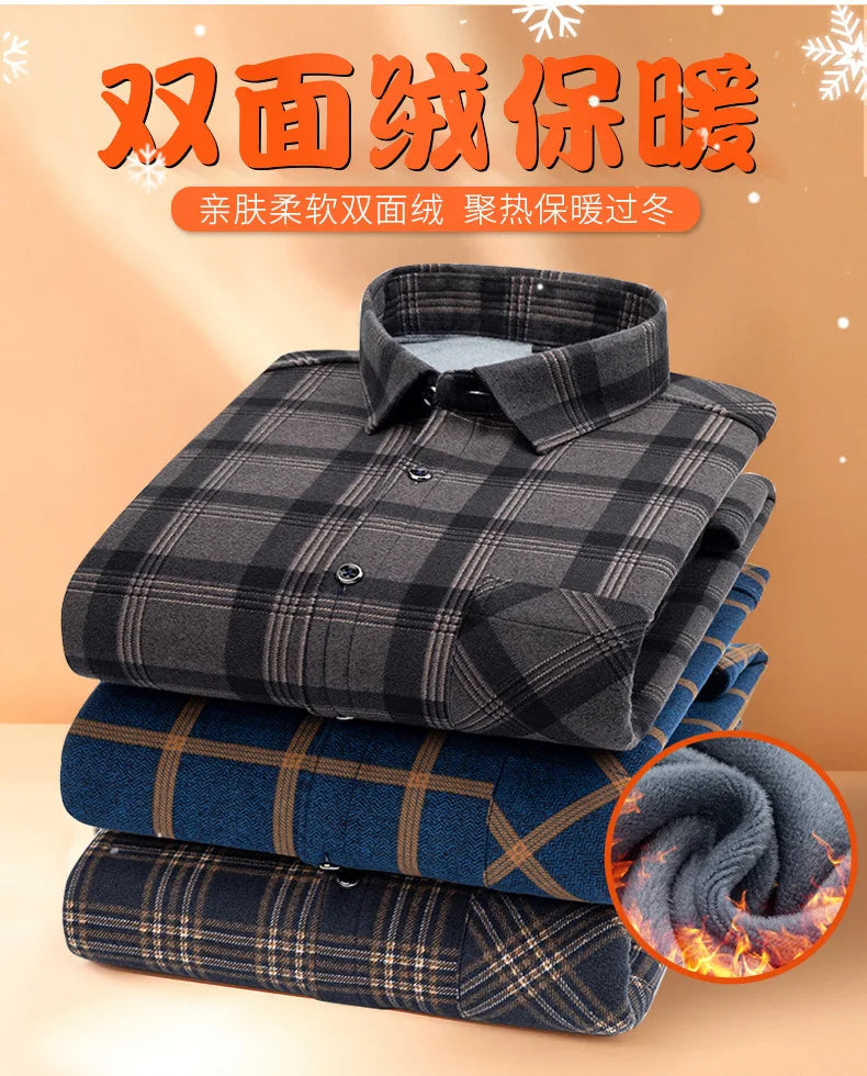 New 2025 Men's Warm Long Sleeve Plaid Design Shirt Autumn Winter Fleece and Thick Warm Men's Casual Shirts Large Size Shirt 5XL