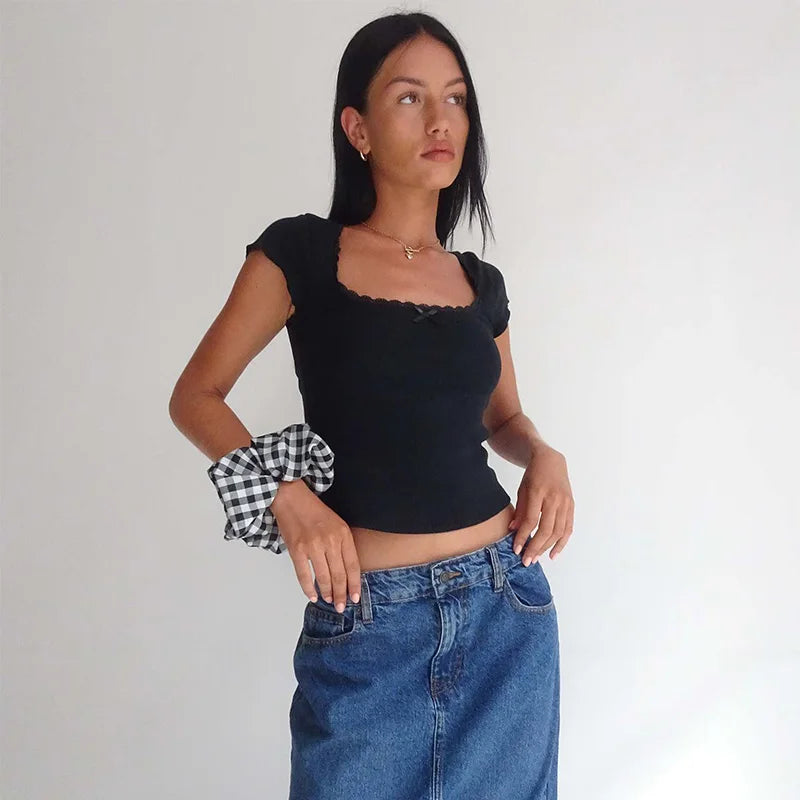 Kadın Vintage Bebek Tişörtü, Dantel Detaylı Örme Tişört, Beyaz Sütçü Kız Crop Top, Kısa Kollu Tişört, Yazlık, Y2K