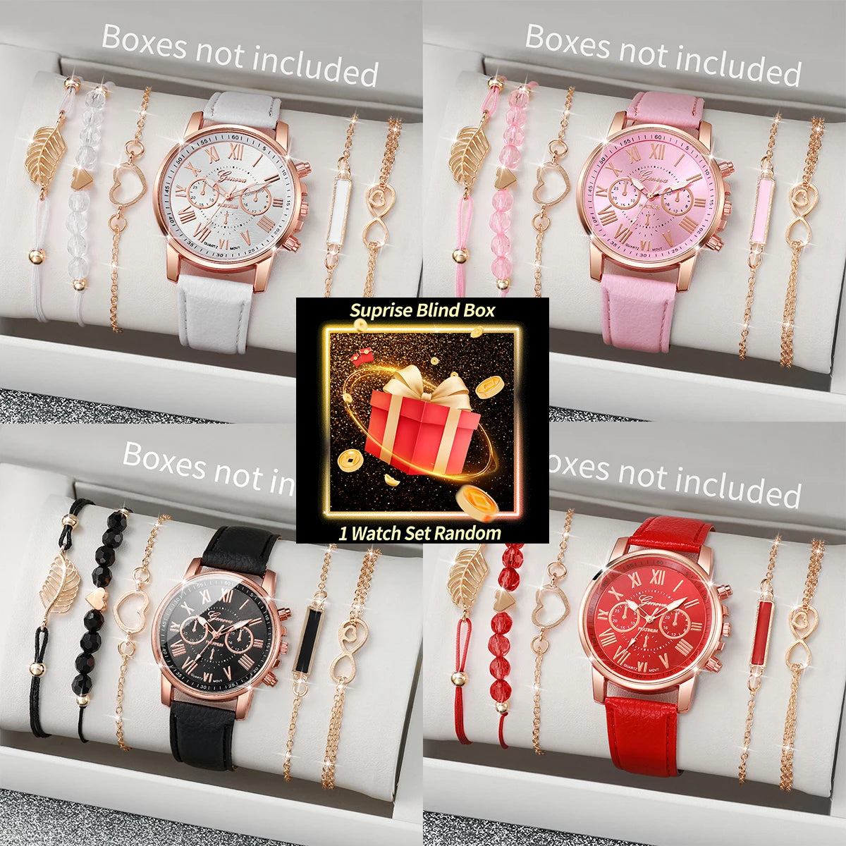 Surprise Mystery Watch Set Blind Box- 6PCS Fashion Women Watches Bracelets Set Casual Leather Band Wristwatches（Without Box）