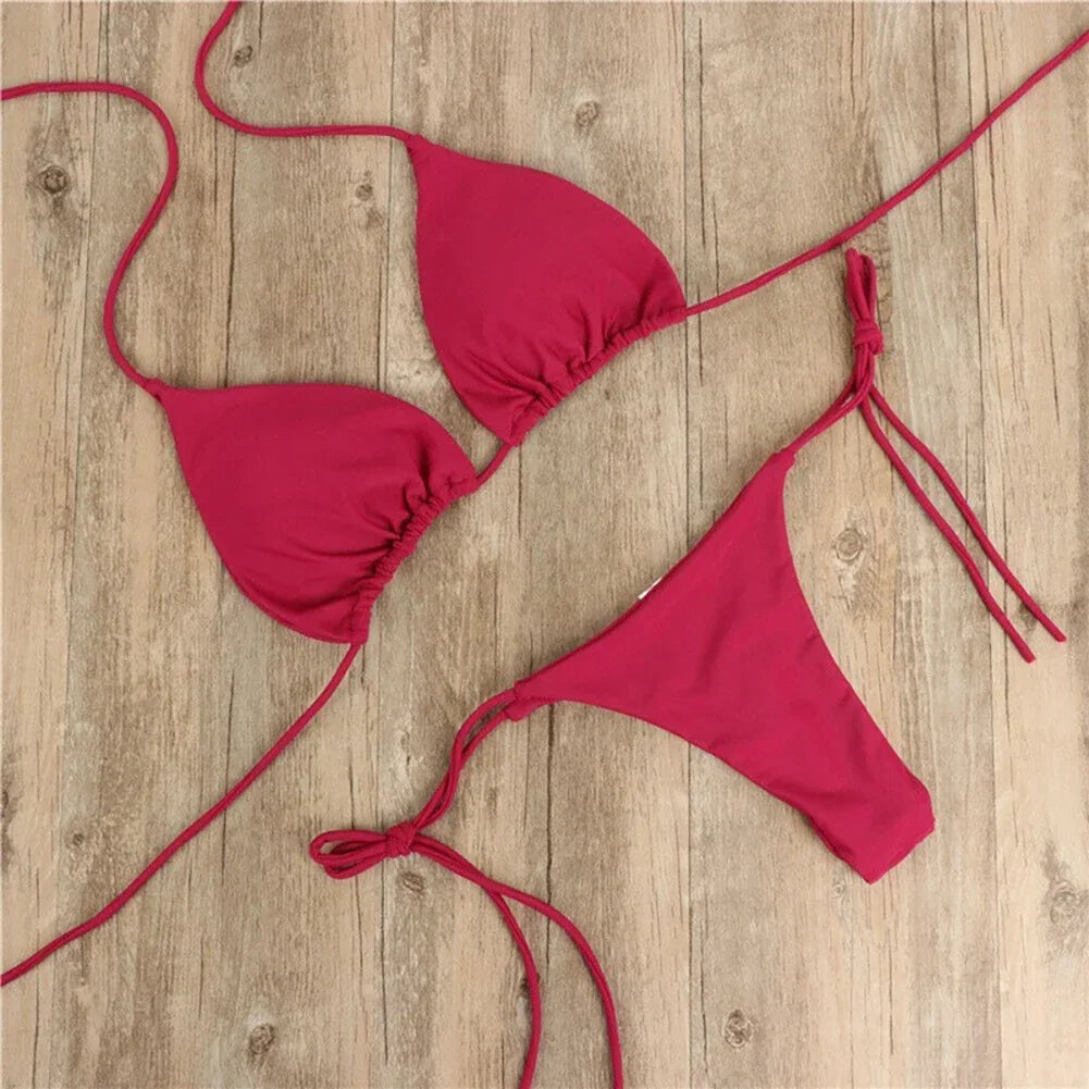 Solid Color Hanging Neck Style Lace-Up Bikini Women's Sexy Split Binding Triangle Beach Swimsuit No Steel Bracket No Chest Pad