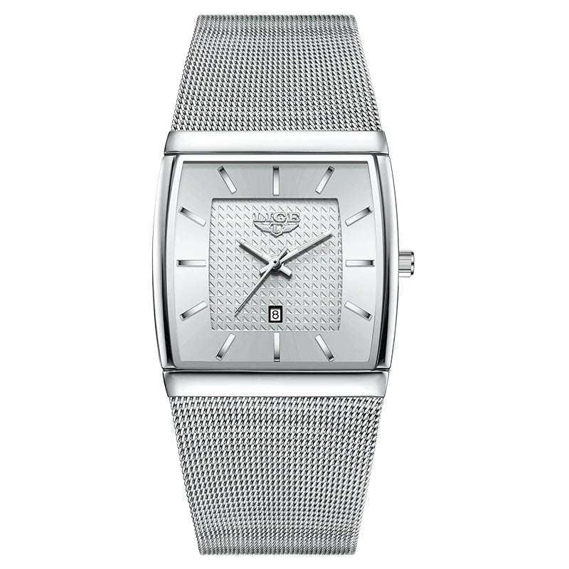 LIGE Top Luxury Watch For Men Stainless Steel Mesh Date Waterproof Luminous Man Wristwatch Casual Rectangle Quartz Men's Watches