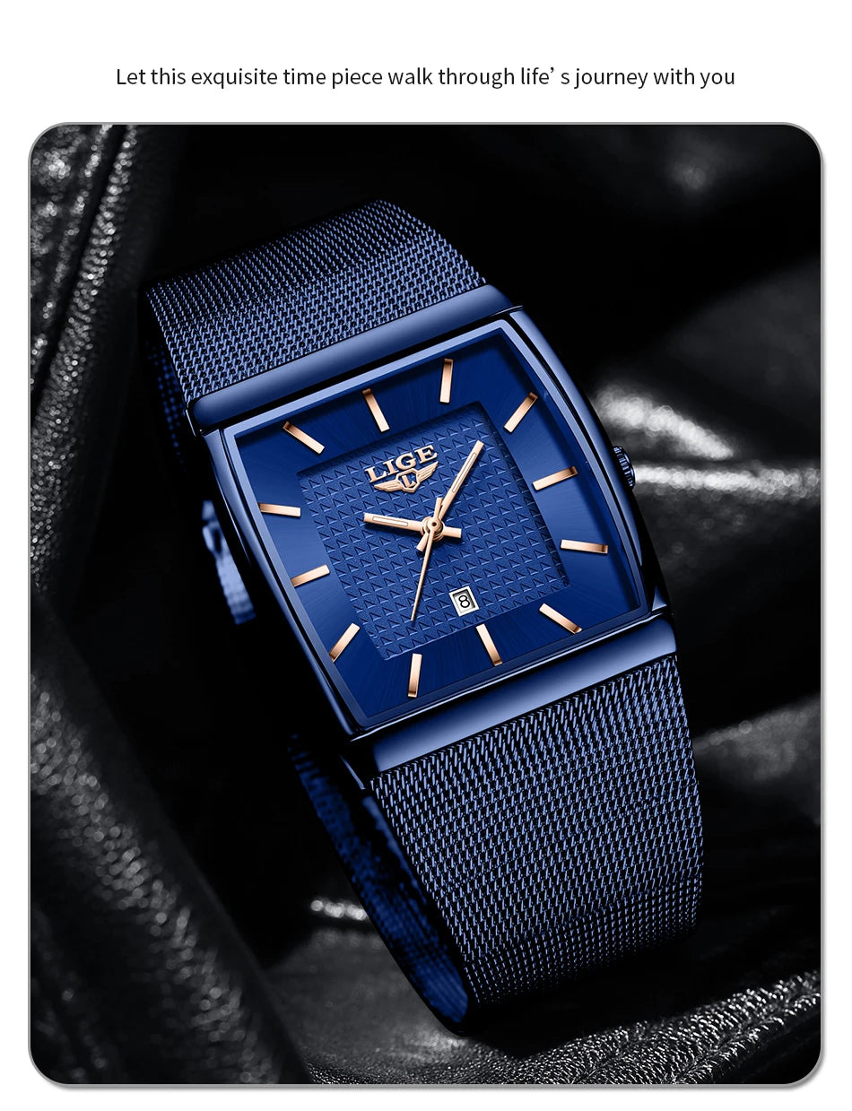 LIGE Top Luxury Watch For Men Stainless Steel Mesh Date Waterproof Luminous Man Wristwatch Casual Rectangle Quartz Men's Watches