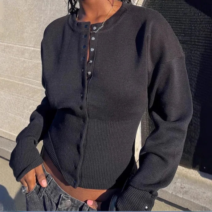 Women Knitted Cardigan Sweaters Solid Short Jumpers Round Neck Long Sleeves Single Breasted Empire Waist Slim 2026 Autumn Winter