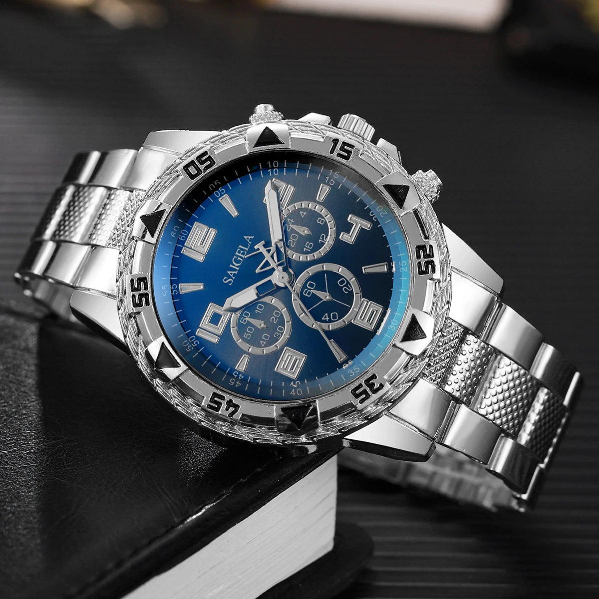 3PCS/Set Fashion Large Dial Men's Quartz Watch Luxury Men Business Watches Necklace Bracelet Set Relogio Masculino（Without Box）
