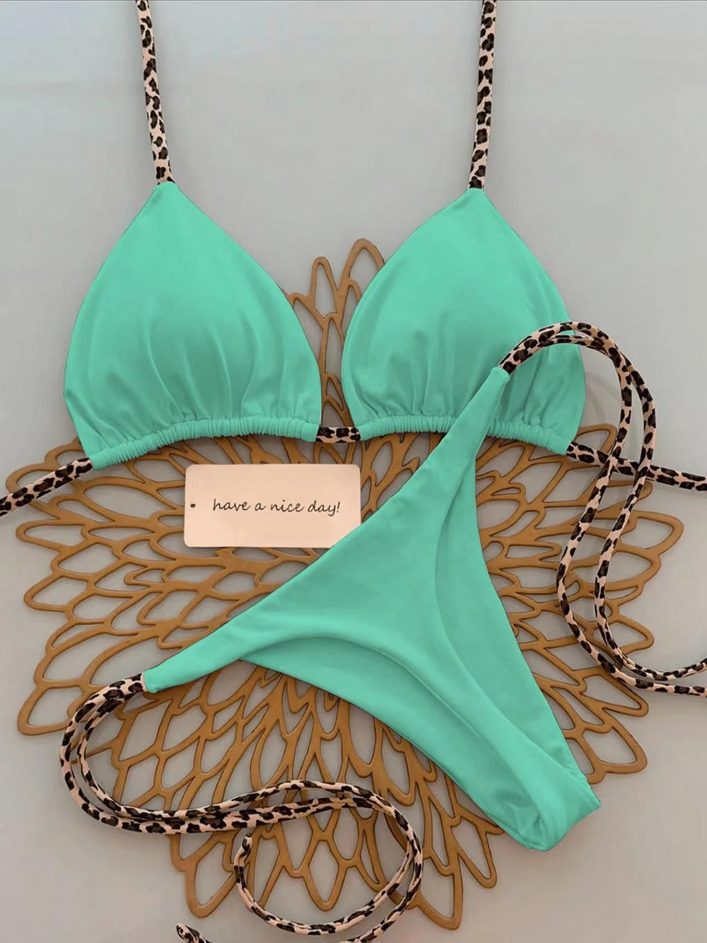 Women's Sexy Solid Halter Bikini Set Lace-Up Low Waist Two-Piece Triangle Thong Swimwear Leopard Tie On Side Brazilian Biquinis